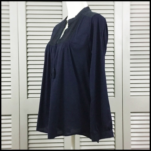 J. Crew Factory Navy Long Sleeve Boho Peasant Top - Picture 3 of 7
